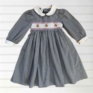HAND SMOCKED EUC Heirloom Teddy Bear Peter Pan Collar Gingham Long Sleeve Dress